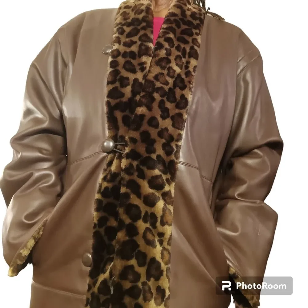 Leopard Trim Vegan Leather Quilted Lining Brown Animal Print Car Coat Sz…